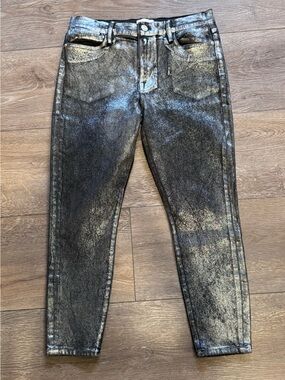 FRAME Le High Skinny Crop Metallic Silver Coated Jeans Chrome Noir Sz 30